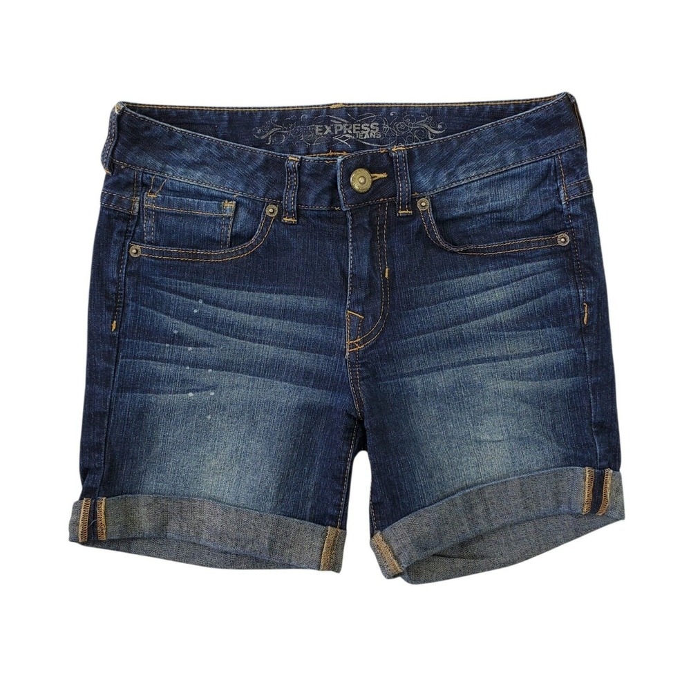 Express Women's Size 00 Distressed Denim Rolled Cuff Shorts 5.5" Inseam Mid Rise